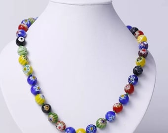 Colar Millefiori, contas de vidro soprado de Murano feitas à mão, contas de vidro facetadas redondas, gargantilha colorida com contas florais, presente para a mãe.
