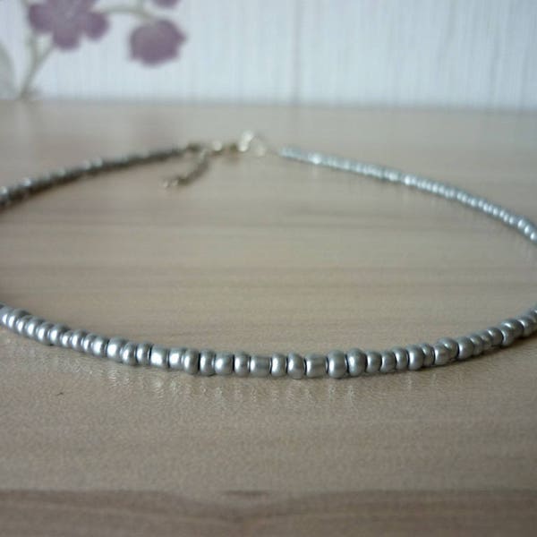 Silver Glass Seed Bead Choker Necklace, Beaded Glass Choker Necklace