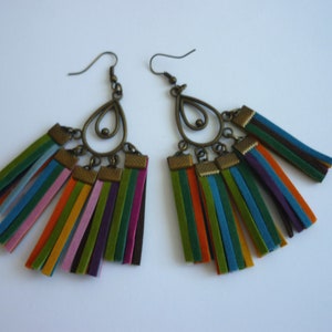 Tassel Suede Pom Pom Earrings, Multi-color Fringe Earrings, Festival Statement Colorful Ethnic Boho Cluster Earrings