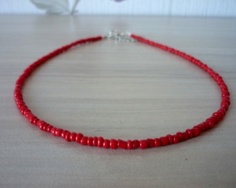 Red Beaded Choker, Red Seed Beads Necklace, Red Beaded Glass Choker Necklace