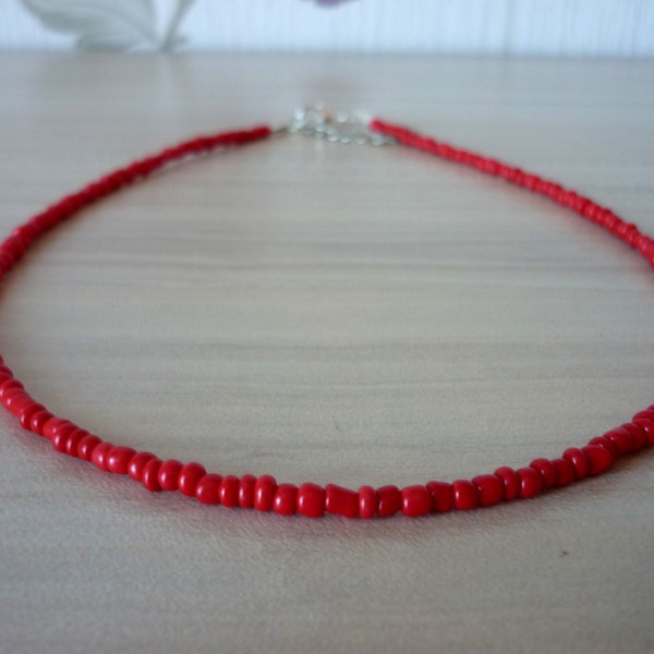 Red Beaded Choker, Red Seed Beads Necklace, Red Beaded Glass Choker Necklace