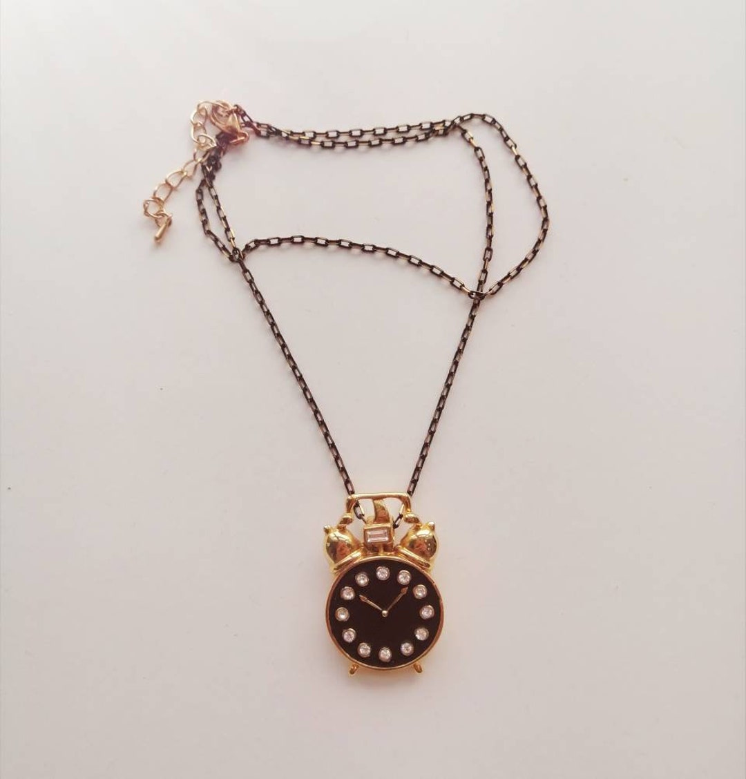 Retro Clock Pendant Necklace, Long Dainty Chain Necklace, Black and