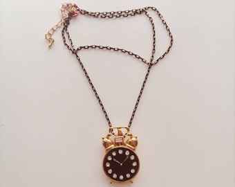 Retro Clock Pendant Necklace, Long Dainty Chain Necklace, Black and Gold Color