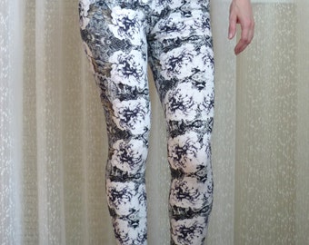 Black And White Yoga Leggings  Lace Print Pants, Floral Womens Tights