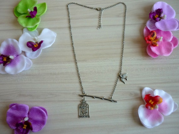 Bird Outside Cage Necklace Silver Tone 