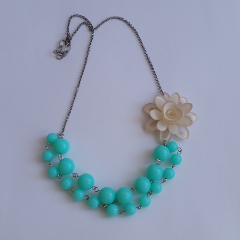 Teal Blue Green Pastel Necklace, 3D White Acrylic Flower, Statement Bead-work Multilayer Bib, Mothers Day Gift For Her image 1