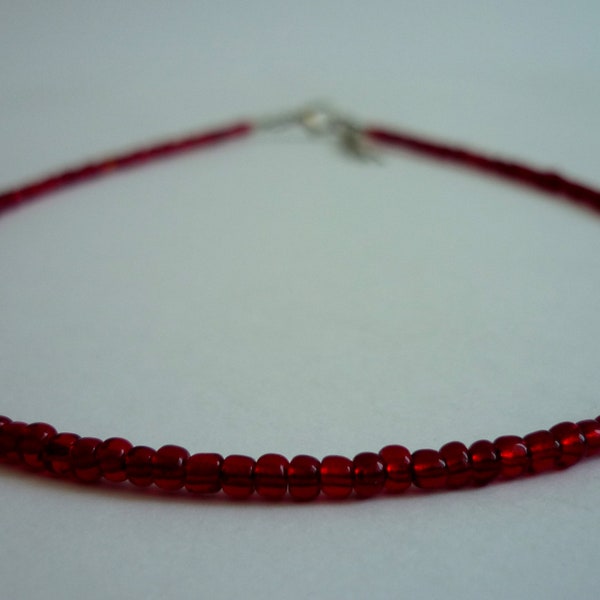 Burgundy Red Beaded Choker Necklace, Dainty Glass Seed Bead Necklace