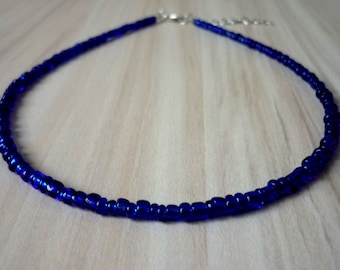 Dark Blue Beaded Necklace, Cobalt Blue Choker, Nautical Glass Seed Beads Choker Necklace