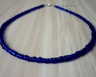 Dark Blue Beaded Necklace, Cobalt Blue Choker, Nautical Glass Seed Beads Choker Necklace