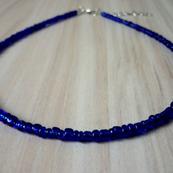 Dark Blue Beaded Necklace, Cobalt Blue Choker, Nautical Glass Seed Beads Choker Necklace