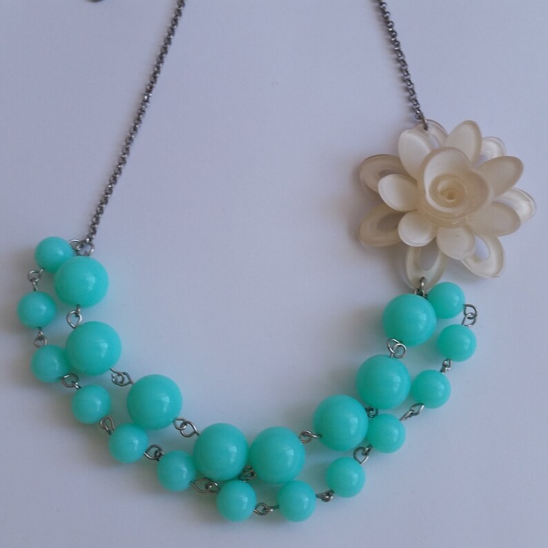 Teal Blue Green Pastel Necklace, 3D White Acrylic Flower, Statement Bead-work Multilayer Bib, Mothers Day Gift For Her image 3