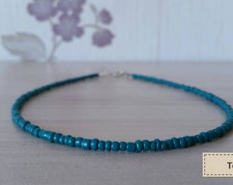 Teal Blue Beaded Choker Necklace, Minimalist Seed Beads Choker
