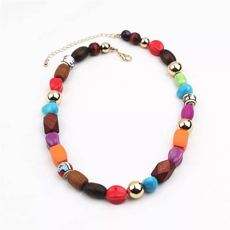 Wooden Beads Necklace, Colorful Wood and Ceramic Beaded Choker Necklace, Statement Funky Necklace image 1