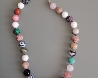 Gemstone Mix Beaded Choker, Multi Gem Semi Precious Natural Bead Necklace, Mixed Stone Necklace, Turquoise Rose Quartz Malachite Agate Beads
