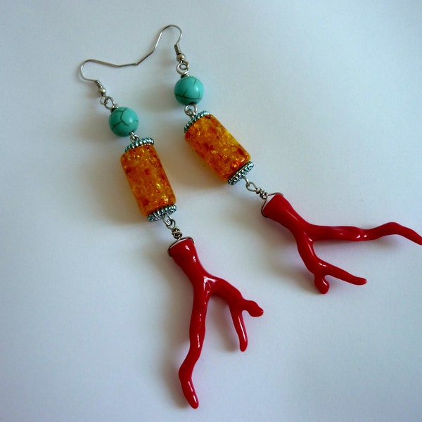 Statement Faux Red Coral Amber Turquoise Earrings, Extravagant Funky Long Festival Earrings