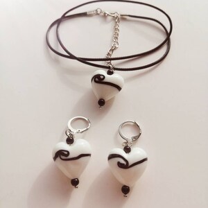 Black and White Glass Necklace, Lampwork Heart with Earrings Set, Murano Glass Jewelry Set, White Heart Earrings
