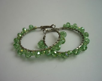 Green Hoop Earrings, Wire Wrapped Green Earrings, Beaded Hoops Earrings, Green Hoops, AB Crystal Hoops