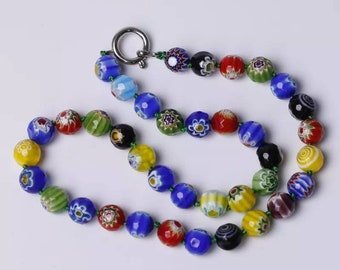 Millefiori Lampwork Necklace, Hand-knotted Faceted Round Glass Beads, Colorful Floral Beaded Choker