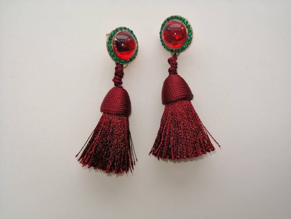 Burgundy Red Tassel Earrings: Long Silky Thread Fringe