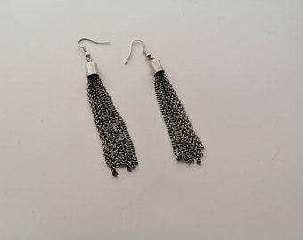 Long Dangle Earrings, Silver Tone Chain Earrings, Chain Tassel Earrings