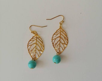 Blue Turquoise Gold Leaf Earrings, Vein Leaf Dangle Earrings