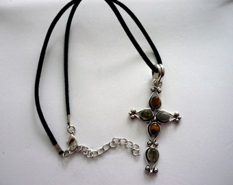 Labradorite Tiger Eye Natural Gem Stone Cross Necklace, Velvet Pendant Choker,  Statement Cross, Silver Tone