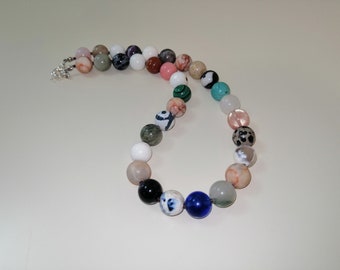 Multi Gem Stone Choker Necklace, Semi Precious Stone Necklace, Natural Gems Beaded Choker, Agate Turquoise Malachite Rose Quartz