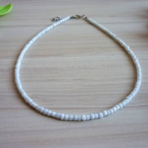 White Beaded Choker Necklace, White Glass Seed Bead Necklace, Beaded Choker