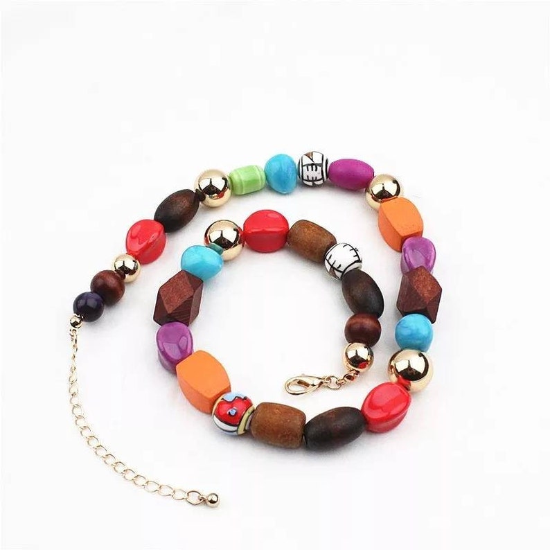 Wooden Beads Necklace, Colorful Wood and Ceramic Beaded Choker Necklace, Statement Funky Necklace image 2