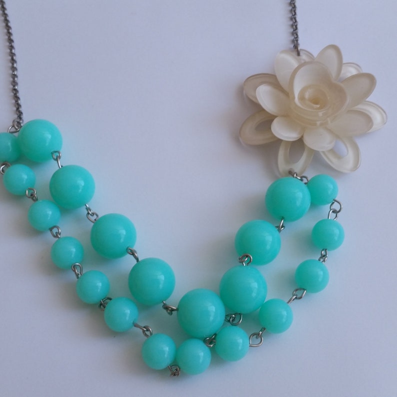 Teal Blue Green Pastel Necklace, 3D White Acrylic Flower, Statement Bead-work Multilayer Bib, Mothers Day Gift For Her zdjęcie 4