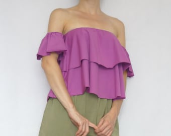 Purple Women Crop Top, Off Shoulder Strapless Ruffle Blouse, Cute Summer Beach Boho Romantic