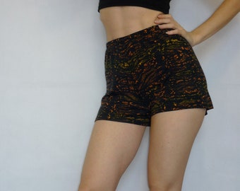 High Waist Shorts, Black Orange Yellow Womens Printed Shorts, Casual Jersey Short Pants