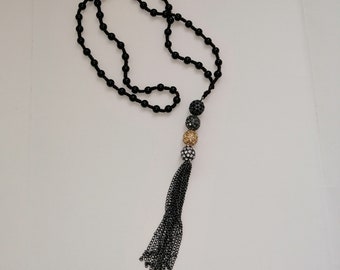 Long Beaded Tassel Necklace, Paved Crystal Ball Necklace, Long Black Beads, Chain Tassel