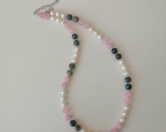 Freshwater White Pearl /Rose Quartz / Indian Agate Beaded Necklace, 19.5" Length, Natural Gemstone Necklace