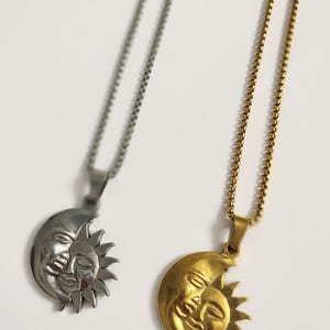Collier soleil et lune - Bijoux âme sœur - Collier chaîne avec pendentif en acier inoxydable - Or ou argent