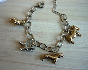 Doggies Bracelet, Charm Dogs Bracelet, Link Chain Bracelet, Gold And Silver Tone Charms, Animal Jewelry