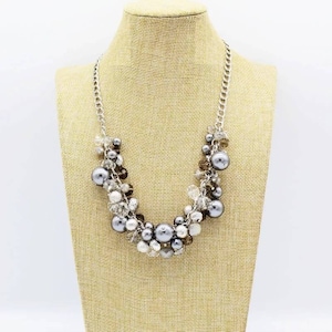 Chunky Cluster Bead Necklace, Faux Pearls and Crystal Beads, Statement Silver Tone Link Chain, Gift For Her