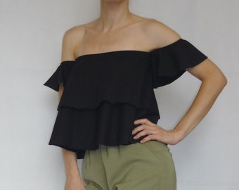 Black Flared Crop Top: Off-Shoulder Layered Viscose Blouse