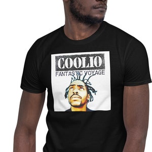 May include: A black t-shirt with a white graphic of Coolio's album cover, "Fantastic Voyage". The album cover features a close-up of Coolio's face with his signature hair style.