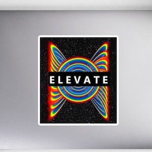 May include: A sticker with a colorful, abstract design on a black background. The design features a circle with radiating lines and the word "ELEVATE" in black text.