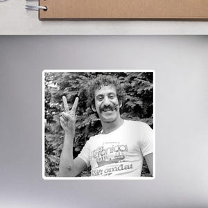 Puede incluir: Una pegatina con una imagen en blanco y negro de un hombre con pelo rizado y bigote, haciendo el signo de la paz. Lleva una camiseta blanca con texto. La pegatina está sobre un portátil, con un ratón, un cuaderno, un bolígrafo, gafas y pequeñas plantas.