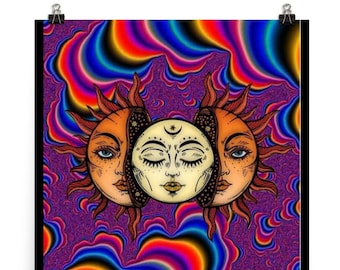 サイケデリックなシャーマニックアートプリント：トリッピーな月と太陽