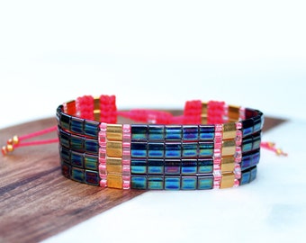 Woven cuff bracelet made of micro macrame and miyuki tila japanese seed beads - Midnight blue neon pink and gold plated - Gift for her