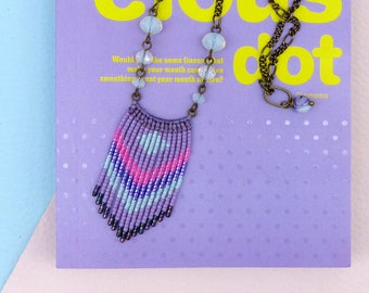 Micromacrame pendant with miyuki delica beaded fringes lilac purple pink light bleu and bronze