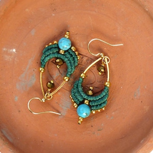 Hand woven macrame drop earrings green turquoise blue and gold