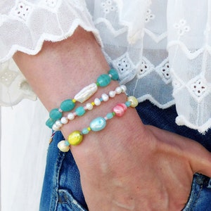 Precious surfer bracelets with river pearls and keishi pastel blue pink yellow green image 1