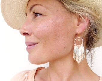 Beaded fringe earrings pastel blush peach ivory and gold