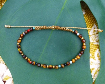 Khaki bronze macrame friendship bracelet with tiger eye and multicolor glass beads