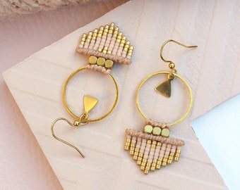 Little dangle hoops earrings made of micromacrame and miyuki delica beads pastel blush and gold