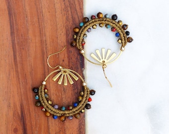 Little khaki macrame hoops earrings with tiger eye and multicolor glass beads